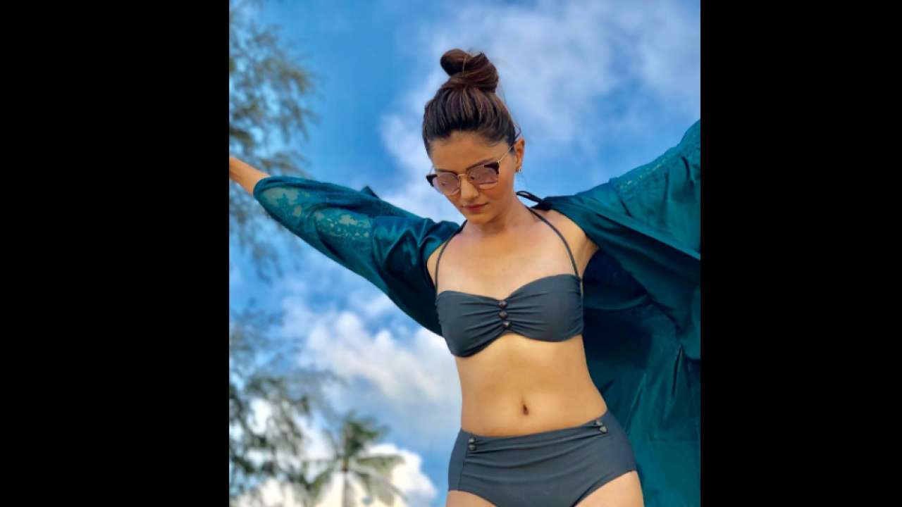 Rubina Dilaik looks sexy in dark green bikini